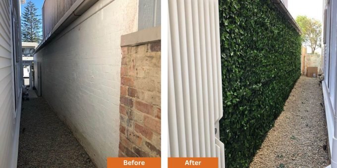 Before and After Image Showing Artificial Ivy Panels Installed