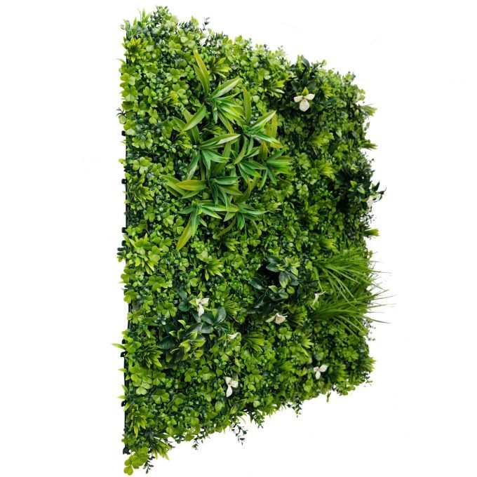 artificial green wall with white flowers
