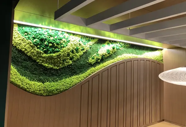 wave patterned moss wall with led lighting
