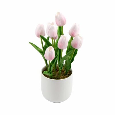 Artificial Potted Tulip Plant with Pink Flowers and Pot