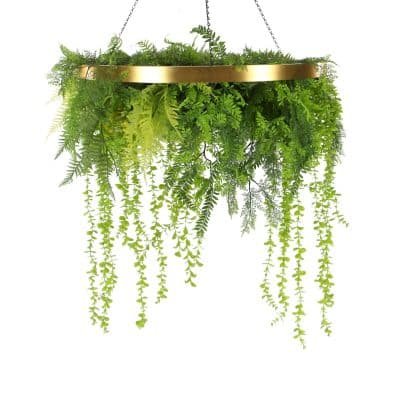 Hanging Vertical Garden Disc with Gold Frame with mixed Fake Plants