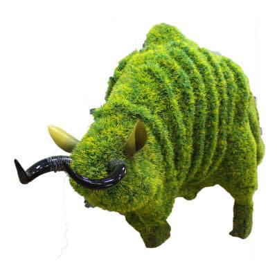 Artificial Rhinoceros Sculpture with Fake Plants Side View