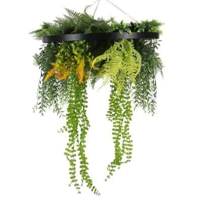 Black Framed Roof Hanging Disc with Draping Pearls Ferns 60cm Diameter Hanging Faux Pearls with Long Draping Plants
