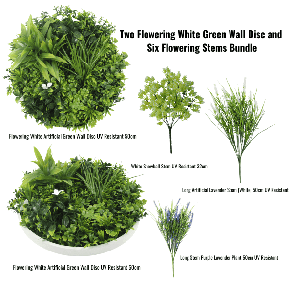 Two Flowering White Green Wall 50cm Discs and Six Flowering Stems Bundle