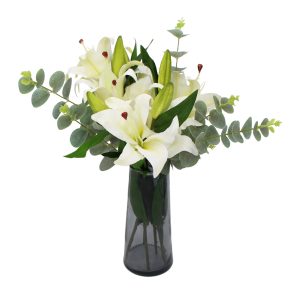 Premium Faux White Lily in Glass Vase (Tiger Lily Bouquet with Eucalyptus)