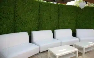 Large portable boxwood hedges used to create an alfresco areaTEST