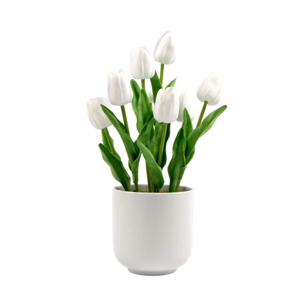 Flowering White Artificial Tulip Plant Arrangement With Ceramic Bowl 35cm