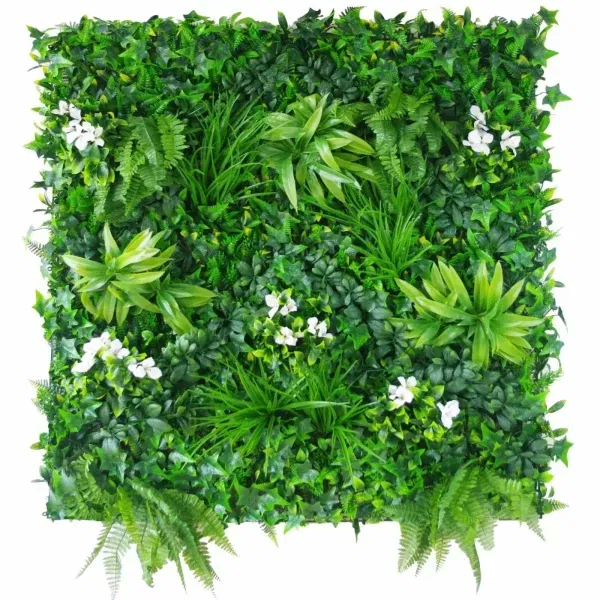 artificial green wall with fake white flowers 1