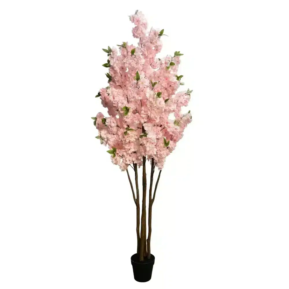 Pink Flowering Artificial Cherry Blossom Tree Pink Faux Flowers Side View.webp