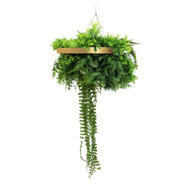 Gold Framed Roof Hanging Disc With Draping Life-Like Plants UV Resistant 40cm