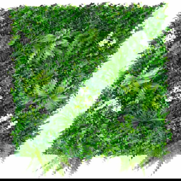 fake green wall panel with white flowers