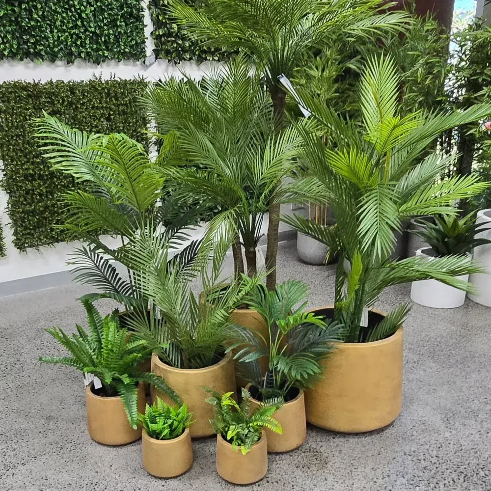 Golden Planters and Pots in Set of 4 in Melbourne with Faux Plants