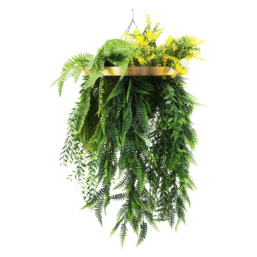 Gold Framed Roof Hanging Disc With Bright Tropical Foliage Mix and Draping Ferns 40cm UV Resistant Hanging