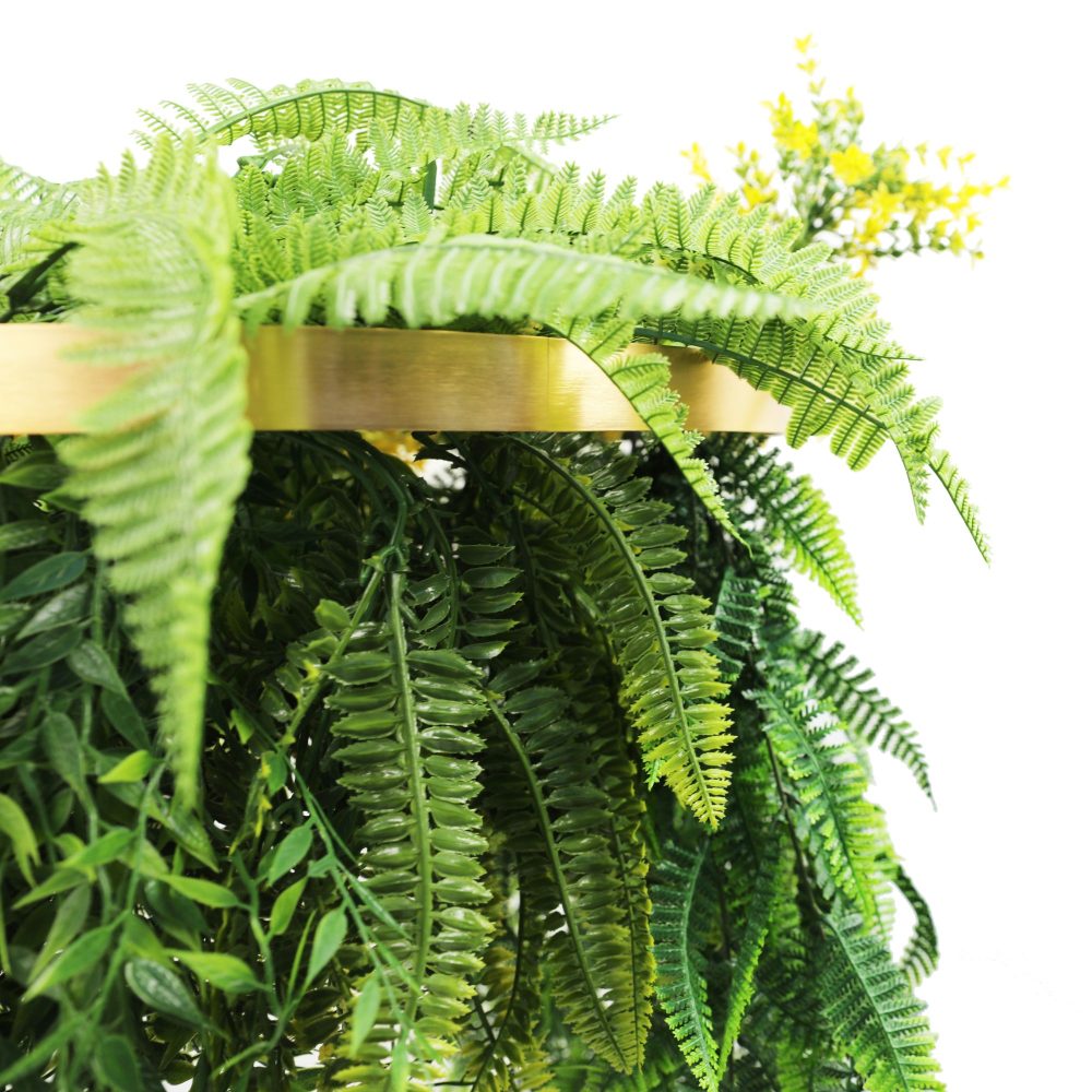 Gold Framed Roof Hanging Disc With Bright Tropical Foliage Mix and Draping Ferns 40cm UV Resistant Hanging Side View