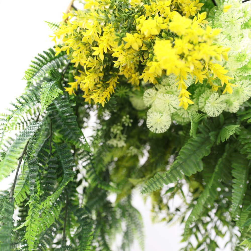 Gold Framed Roof Hanging Disc With Bright Tropical Foliage Mix and Draping Ferns 40cm UV Resistant Hanging Side View Faux Gold Flowers