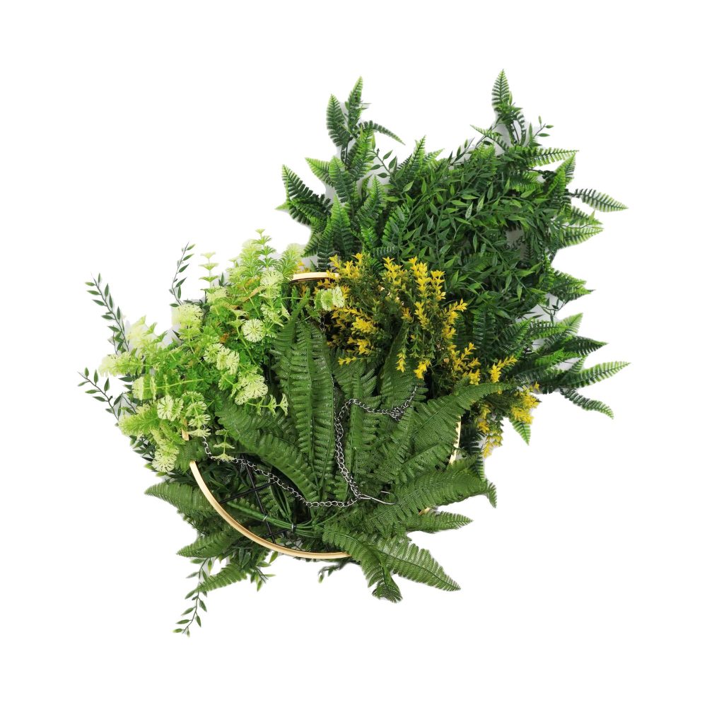 Gold Framed Roof Hanging Disc With Bright Tropical Foliage Mix and Draping Ferns 40cm UV Resistant Hanging Upside Down