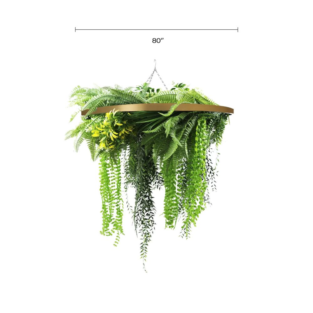 Gold Framed Roof Hanging Disc With Draping Life Like Ferns and Plants 80cm UV Resistant