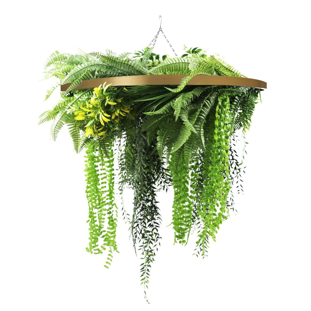 Gold Framed Roof Hanging Disc With Draping Life Like Ferns and Plants 80cm UV Resistant