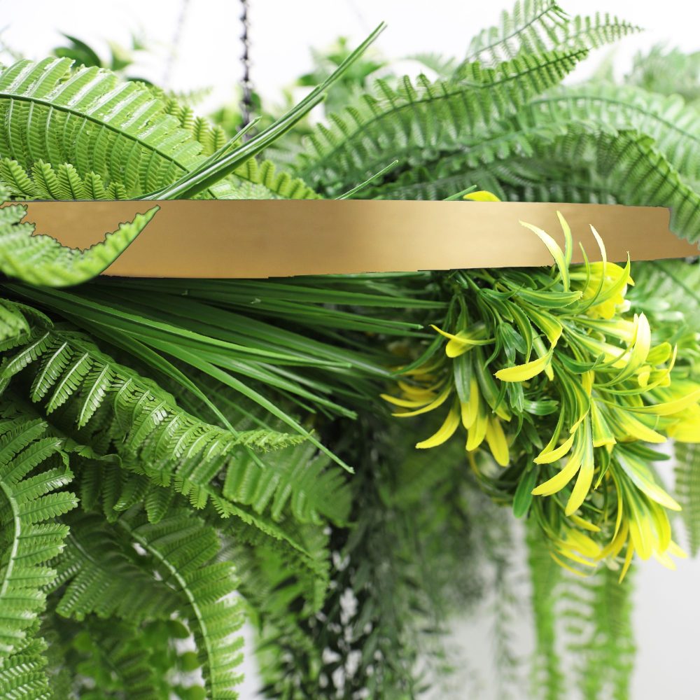 Gold Framed Roof Hanging Disc With Draping Life Like Ferns and Plants 80cm UV Resistant Foliage