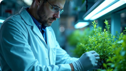 Scientist working with plants under artificial lighting in a laboratory setting.