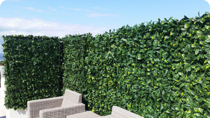 Outdoor area with tall green hedges and wicker chairs under a clear sky.