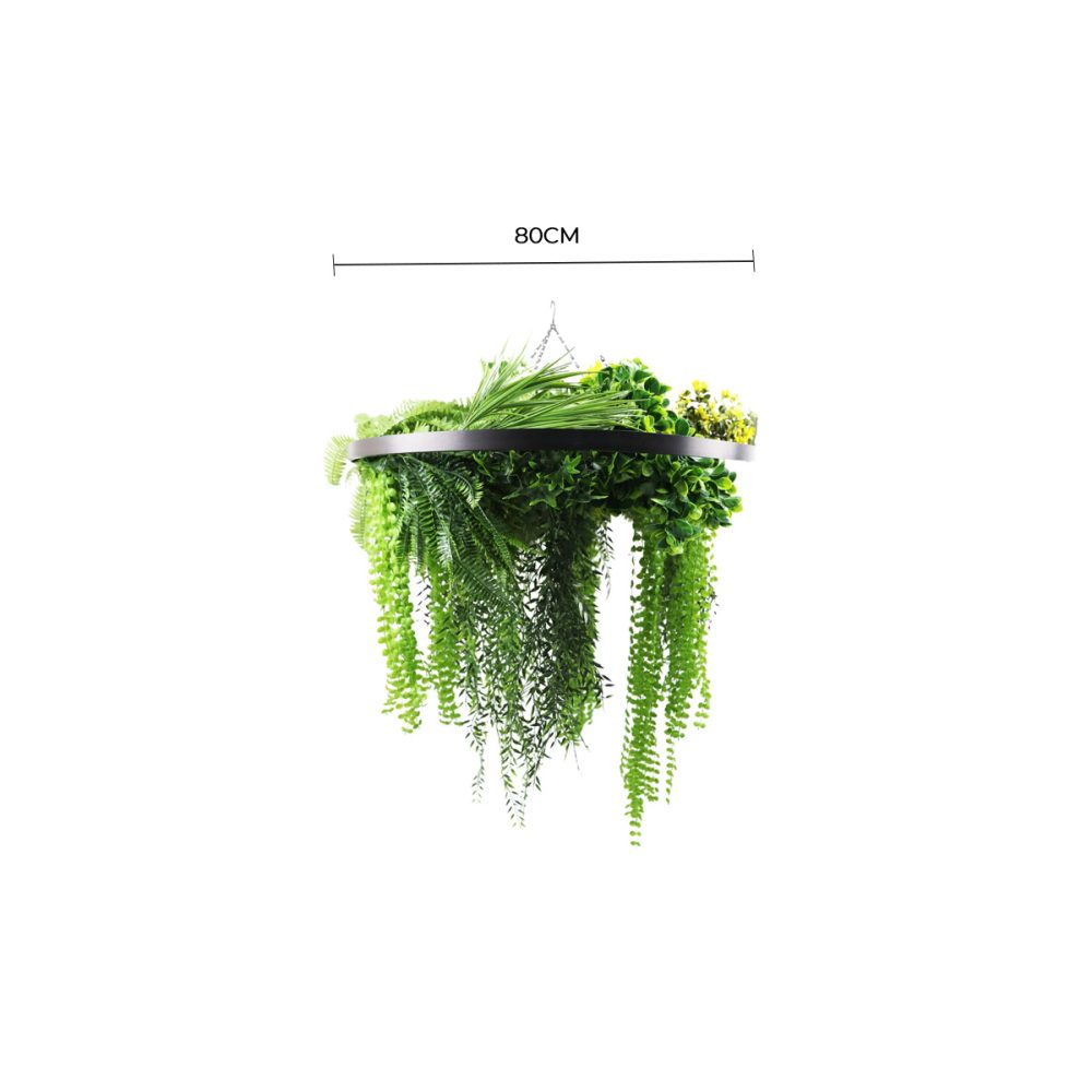 Black Framed Roof Hanging Disc With Draping Life Like Ferns and Plants 80cm UV Resistant