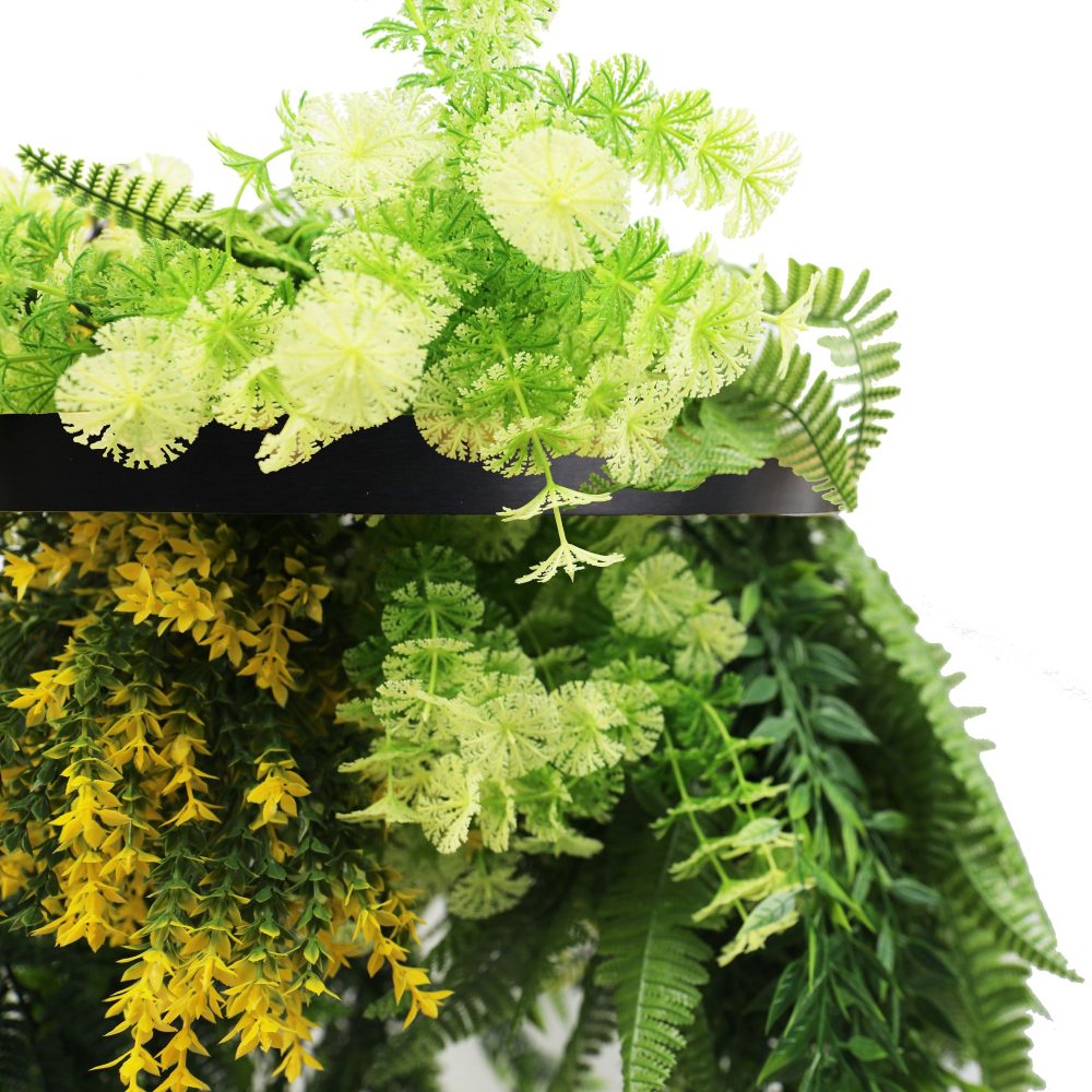 Black Framed Roof Hanging Disc With Bright Tropical Foliage Mix and Draping Ferns 40cm UV Resistant Close Up