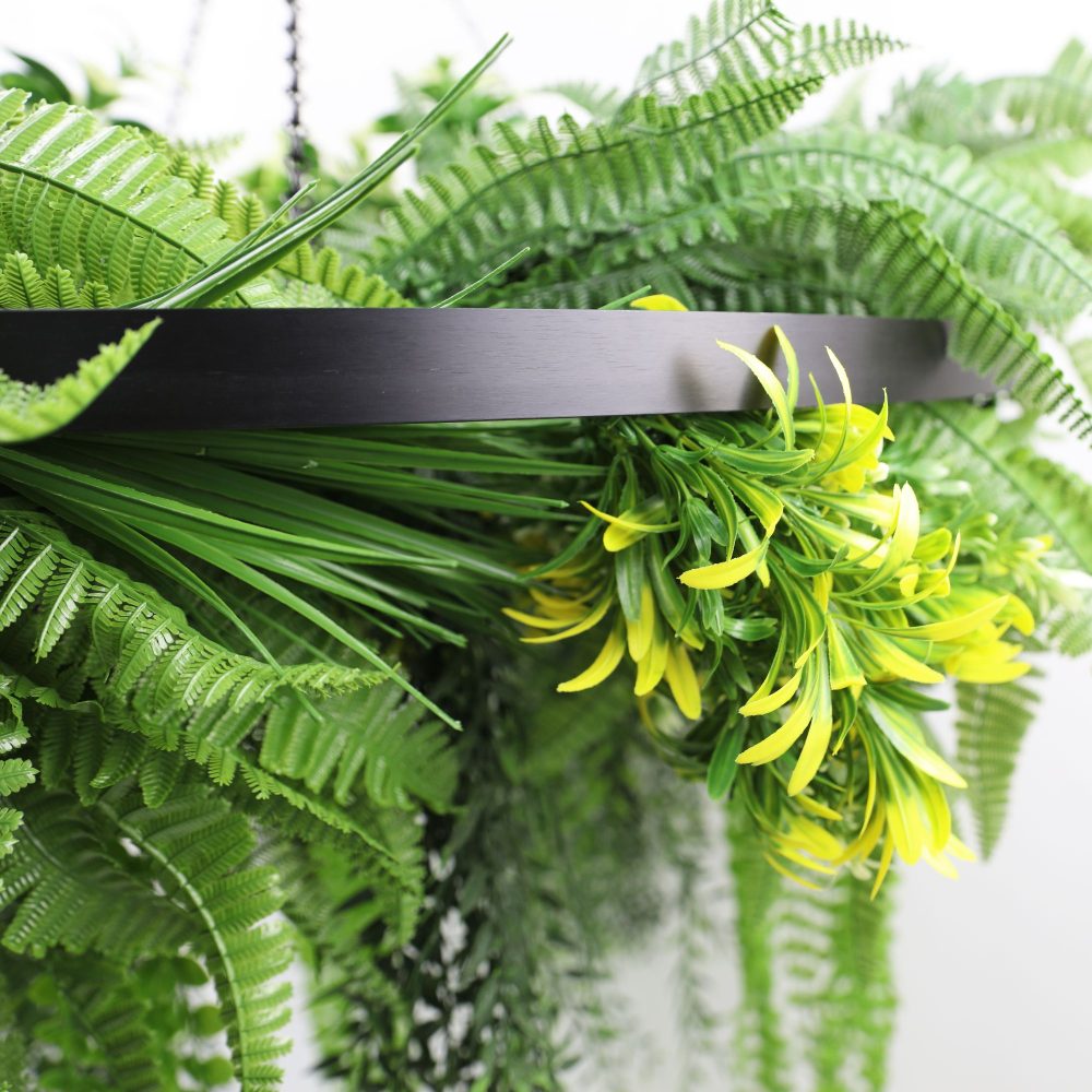 Black Framed Roof Hanging Disc With Draping Life Like Ferns and Plants 80cm UV Resistant