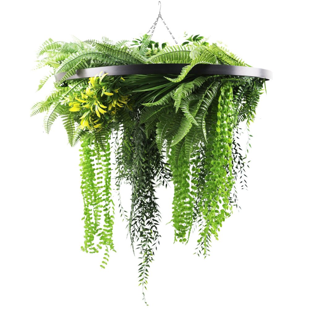 Black Framed Roof Hanging Disc With Draping Life Like Ferns and Plants 80cm UV Resistant 1