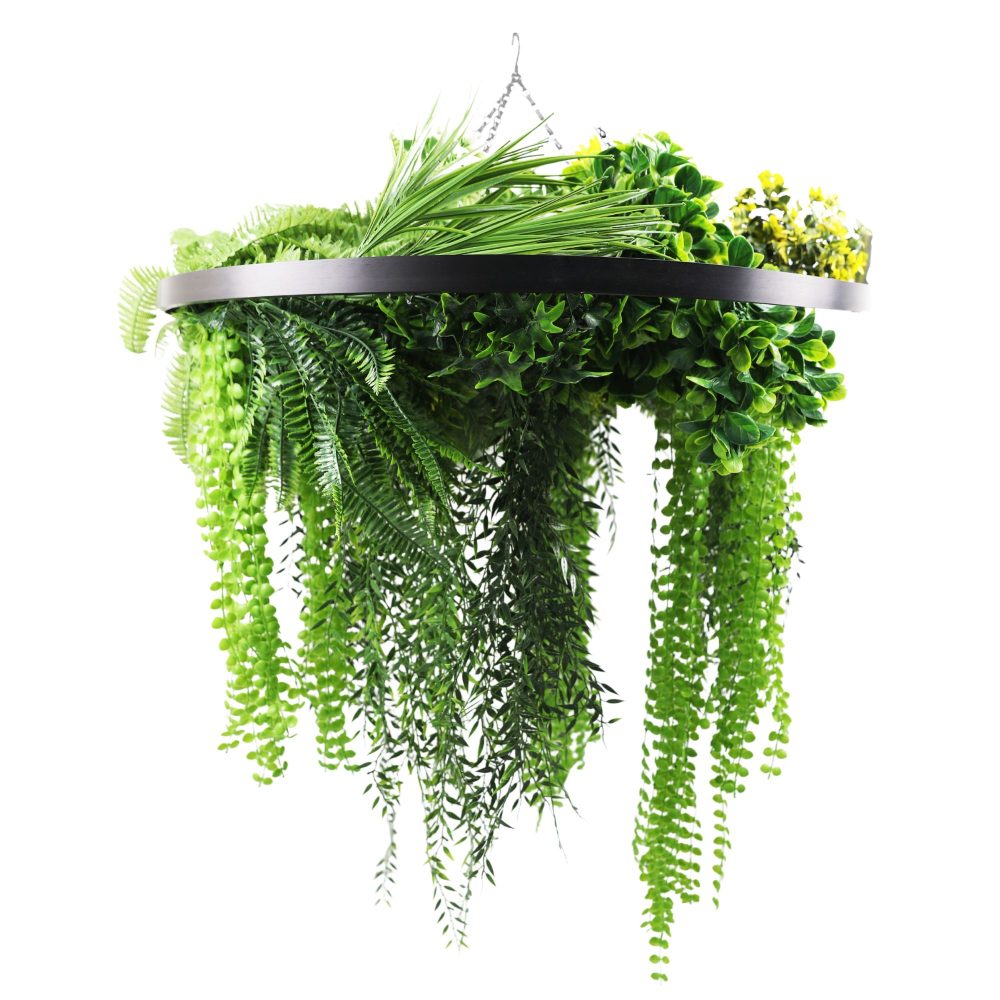 Black Framed Roof Hanging Disc With Draping Life Like Ferns and Plants 80cm UV Resistant 2