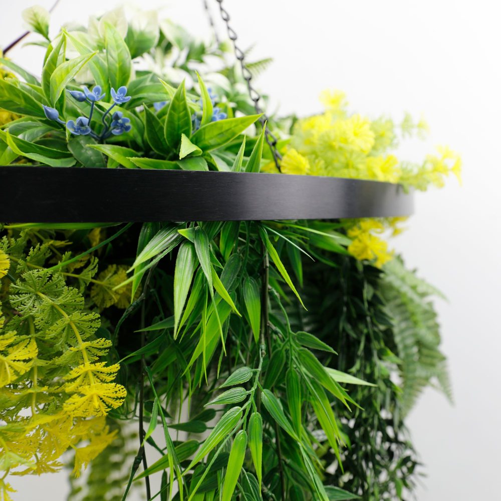 Black Framed Roof Hanging Disc With Tropical Folaige Mix and Draping Stems 60cm UV Resistant Foliage